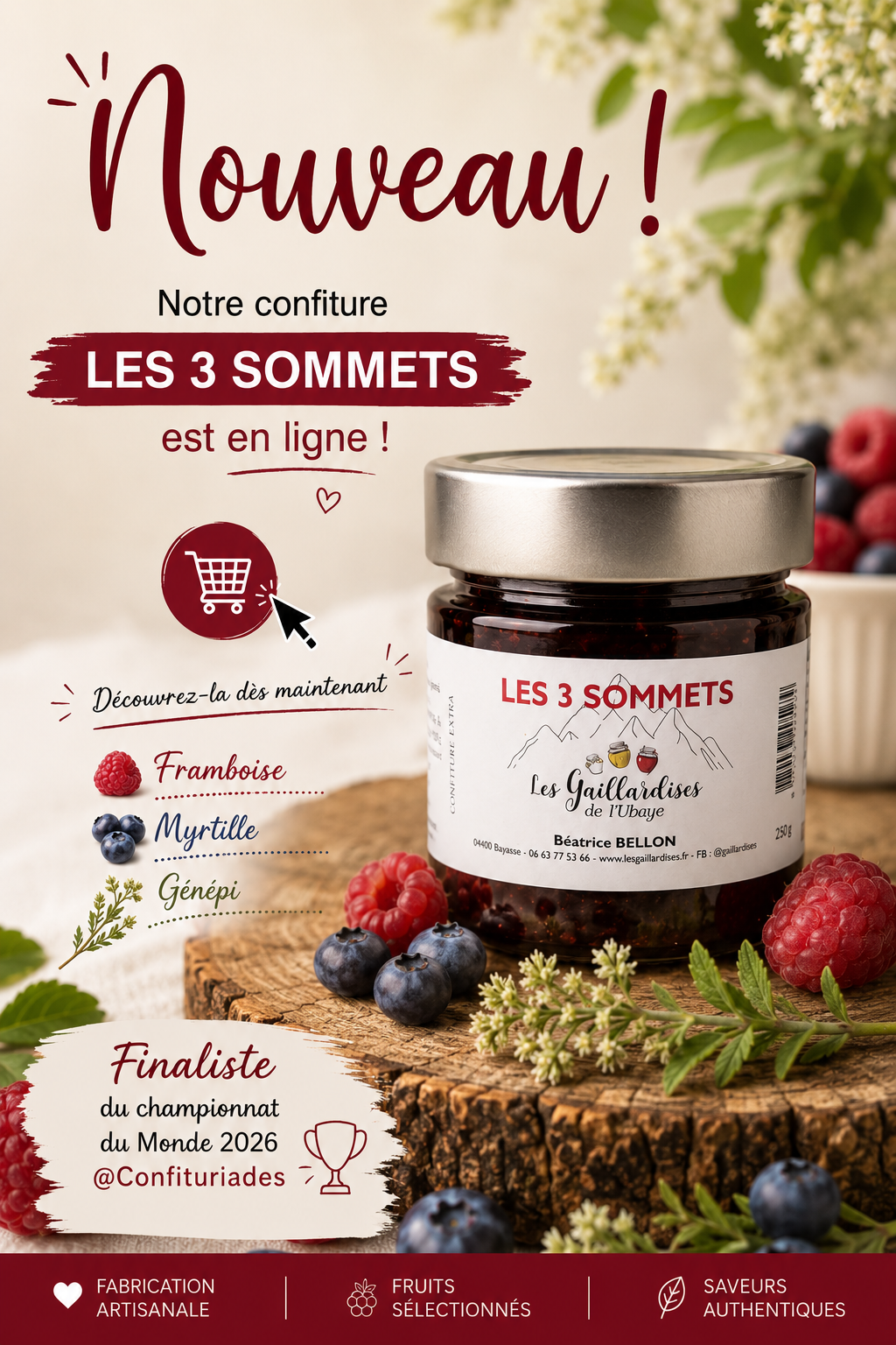 Les 3 Sommets – Confiture artisanale Myrtille, Framboise & Génépi de l’Ubaye – Image 3